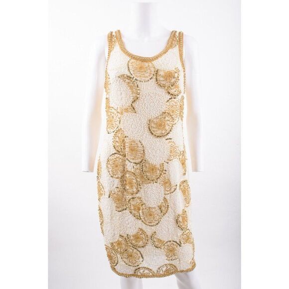 Vintage Interlude CA Womans Evening Shift Dress Size M Ivory Gold Beaded Silk - Picture 1 of 6